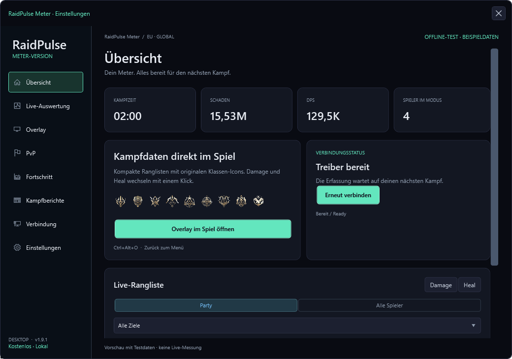 RaidPulse Einstellungen und Live-Auswertung