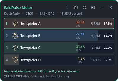 RaidPulse Damage Meter mit originalen Klassen-Icons, DPS-Rangliste und Boss-Fokus